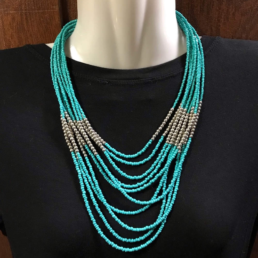 Summer Beach Turquoise tone Seed Bead/ Silver tone Bead Multistrand Necklace